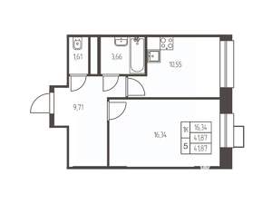 1-к квартира, строящийся дом, 42м2, 23/25 этаж