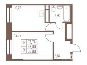 1-к квартира, строящийся дом, 33м2, 6/24 этаж