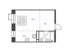 Студия квартира, строящийся дом, 32м2, 6/12 этаж