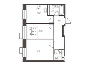 2-к квартира, строящийся дом, 56м2, 17/20 этаж