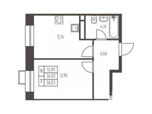 1-к квартира, строящийся дом, 36м2, 11/12 этаж