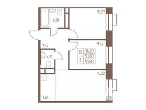 3-к квартира, строящийся дом, 52м2, 15/24 этаж