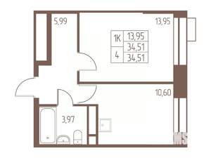 1-к квартира, строящийся дом, 35м2, 21/24 этаж