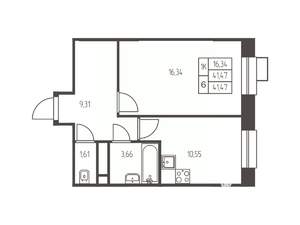 1-к квартира, строящийся дом, 42м2, 18/25 этаж