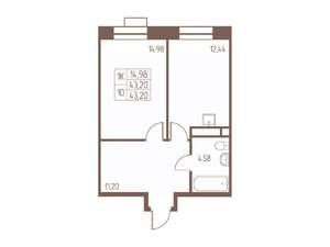 1-к квартира, строящийся дом, 43м2, 15/24 этаж