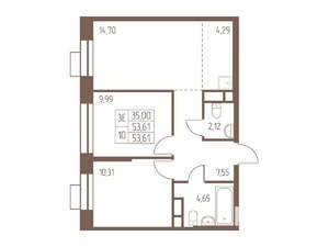 3-к квартира, строящийся дом, 54м2, 23/24 этаж