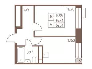 1-к квартира, строящийся дом, 35м2, 12/24 этаж