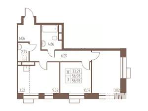 3-к квартира, строящийся дом, 57м2, 19/24 этаж