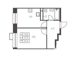 1-к квартира, строящийся дом, 36м2, 13/20 этаж