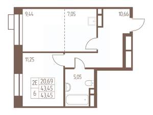 2-к квартира, строящийся дом, 44м2, 24/24 этаж
