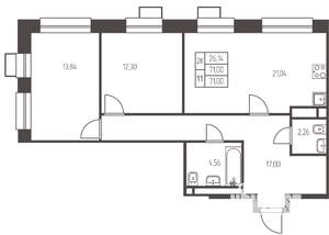 2-к квартира, строящийся дом, 71м2, 6/25 этаж