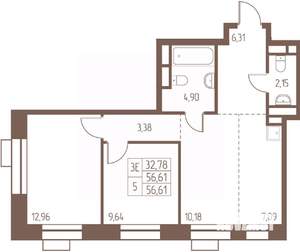 3-к квартира, строящийся дом, 57м2, 12/24 этаж