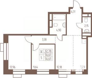 3-к квартира, строящийся дом, 57м2, 17/24 этаж