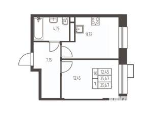 1-к квартира, строящийся дом, 36м2, 12/20 этаж