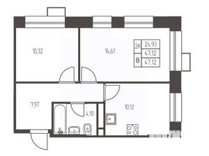 2-к квартира, строящийся дом, 47м2, 15/20 этаж