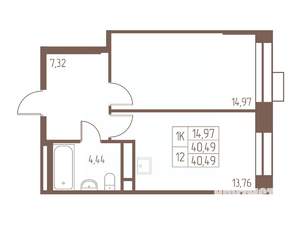 1-к квартира, строящийся дом, 41м2, 5/24 этаж