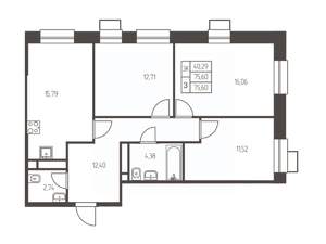 3-к квартира, строящийся дом, 76м2, 17/25 этаж