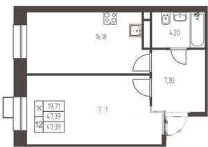 1-к квартира, строящийся дом, 47м2, 12/20 этаж