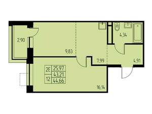2-к квартира, строящийся дом, 45м2, 14/23 этаж