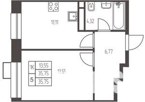 1-к квартира, строящийся дом, 36м2, 15/20 этаж