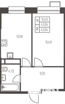 1-к квартира, строящийся дом, 43м2, 9/25 этаж