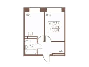 1-к квартира, строящийся дом, 34м2, 12/16 этаж