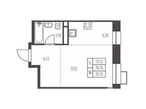 Студия квартира, строящийся дом, 30м2, 19/20 этаж
