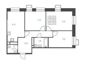 3-к квартира, строящийся дом, 76м2, 12/25 этаж