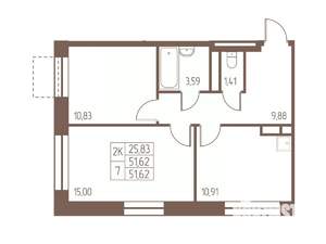 2-к квартира, строящийся дом, 52м2, 12/16 этаж