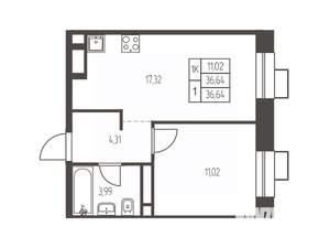 1-к квартира, вторичка, 37м2, 7/12 этаж