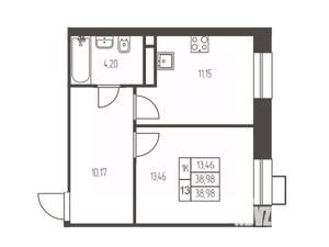 1-к квартира, строящийся дом, 39м2, 6/12 этаж