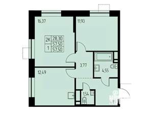 2-к квартира, строящийся дом, 58м2, 22/23 этаж