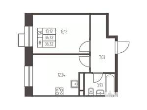 1-к квартира, строящийся дом, 36м2, 4/12 этаж