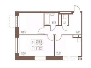2-к квартира, строящийся дом, 52м2, 3/16 этаж