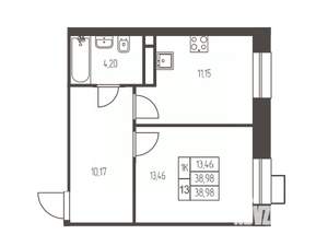 1-к квартира, строящийся дом, 39м2, 7/12 этаж