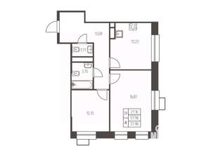 2-к квартира, строящийся дом, 58м2, 22/25 этаж