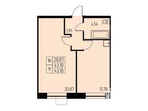 1-к квартира, вторичка, 43м2, 21/23 этаж