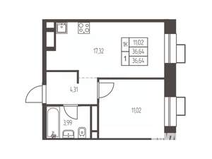 1-к квартира, строящийся дом, 37м2, 6/12 этаж