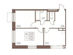 2-к квартира, строящийся дом, 52м2, 13/16 этаж