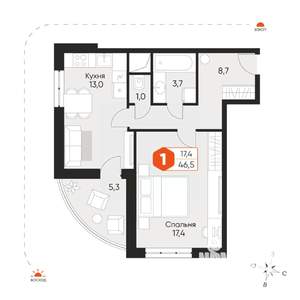 2-к квартира, вторичка, 47м2, 11/17 этаж