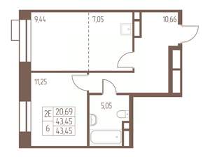 2-к квартира, строящийся дом, 44м2, 19/24 этаж
