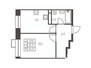 1-к квартира, строящийся дом, 36м2, 7/20 этаж
