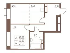 2-к квартира, строящийся дом, 43м2, 3/24 этаж