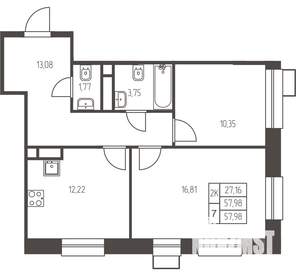 2-к квартира, строящийся дом, 58м2, 25/25 этаж