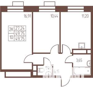 2-к квартира, строящийся дом, 50м2, 22/24 этаж
