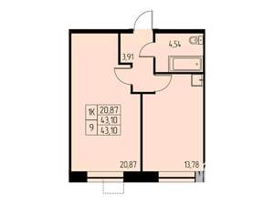 1-к квартира, строящийся дом, 43м2, 13/23 этаж