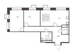 2-к квартира, строящийся дом, 71м2, 2/25 этаж