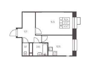 1-к квартира, строящийся дом, 42м2, 2/25 этаж