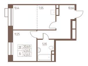 2-к квартира, строящийся дом, 44м2, 19/24 этаж