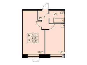 1-к квартира, вторичка, 43м2, 21/23 этаж